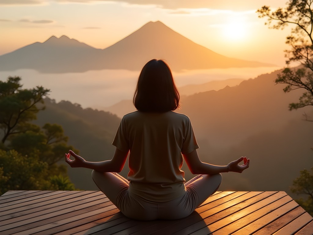 Woman meditating on private deck overlooking Rwandan volcanoes at sunrise