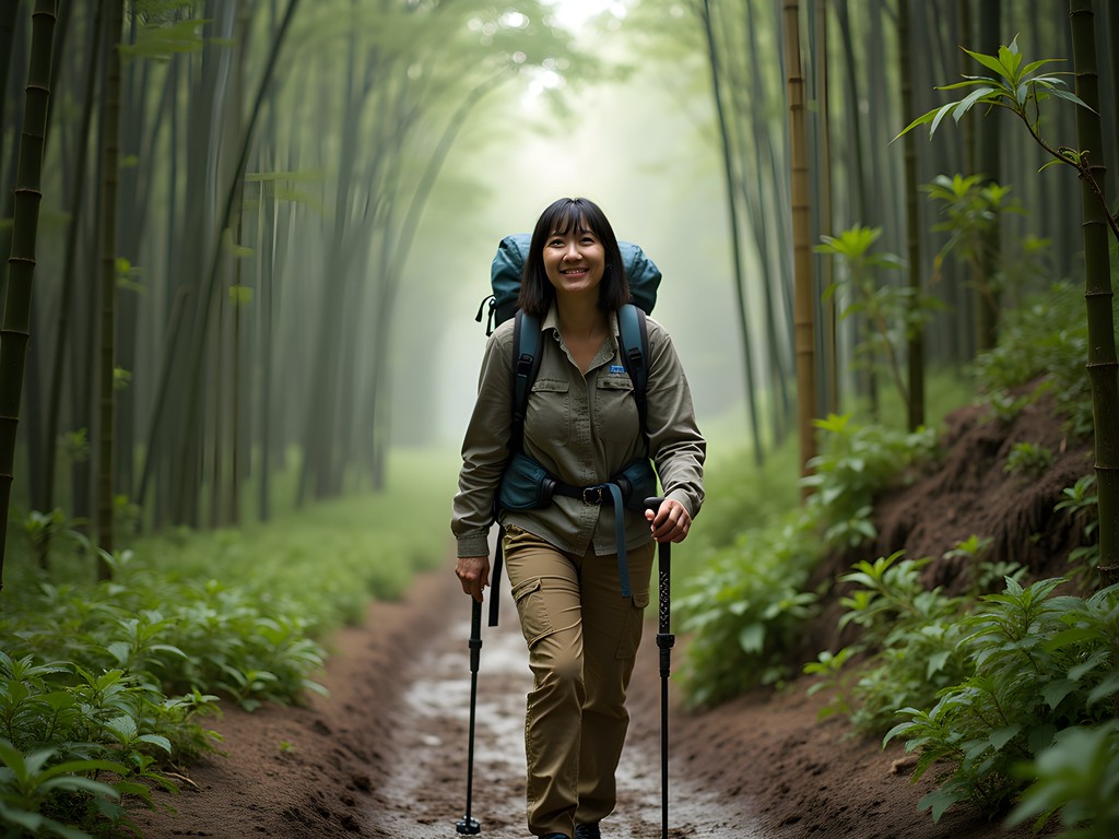 Solo female traveler trekking through bamboo forest in Volcanoes National Park Rwanda