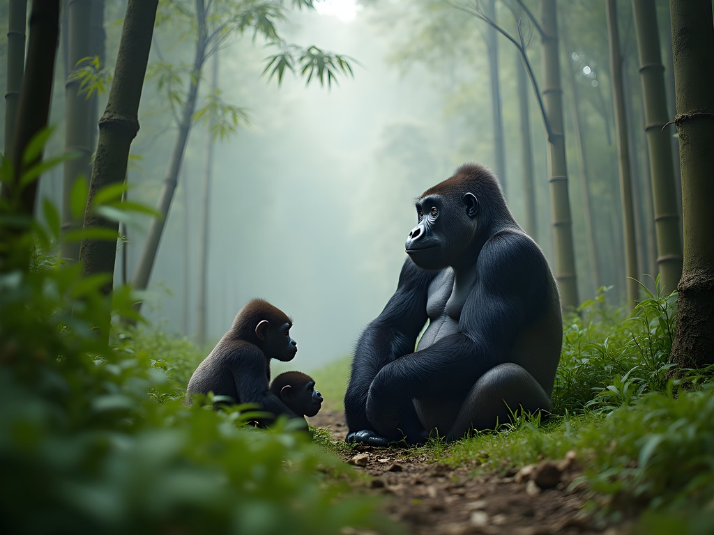 Mountain gorilla family resting in misty bamboo forest of Volcanoes National Park