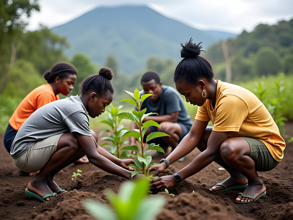 Local Rwandan community members working on conservation project near Volcanoes National Park