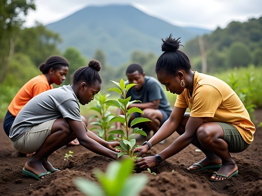 Local Rwandan community members working on conservation project near Volcanoes National Park