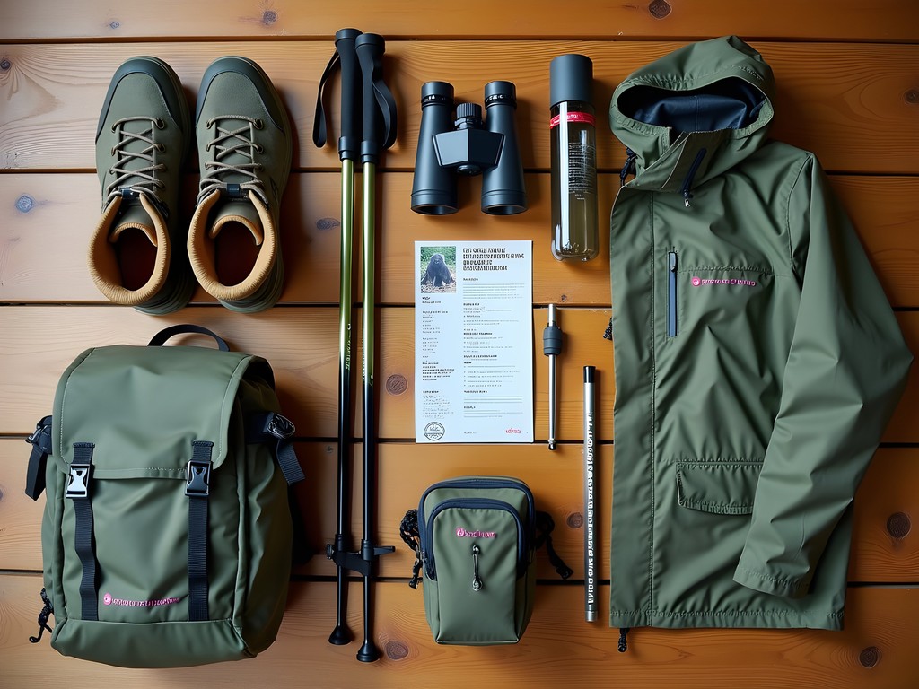 Trekking equipment laid out for Rwanda gorilla trek including hiking boots and permits