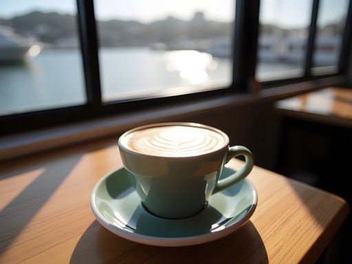 Artfully prepared flat white coffee in a Wellington café with harbor view