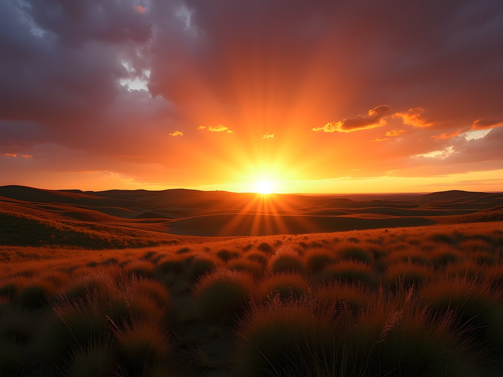 Woman silhouetted against dramatic Flint Hills prairie sunset with golden grasses