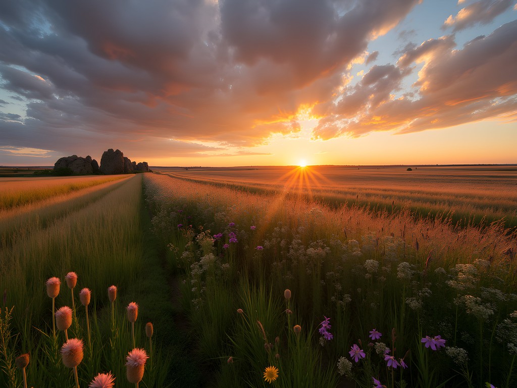 Woman photographer capturing sunrise over Kansas tallgrass prairie landscape