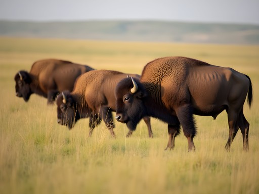 Small herd of bison grazing in vast tallgrass prairie landscape of Kansas Flint Hills