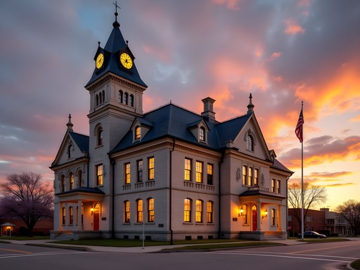 Historic limestone courthouse in Cottonwood Falls, Kansas at sunset with small town main street