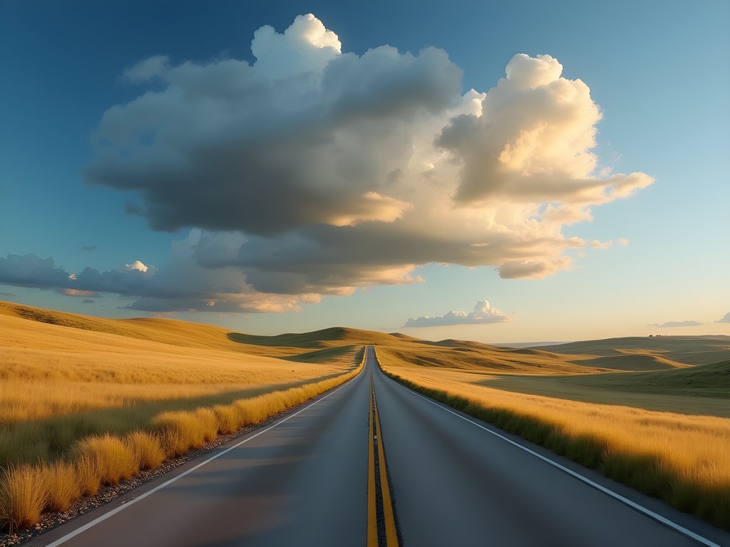 Winding road through vast Kansas Flint Hills tallgrass prairie under dramatic spring sky