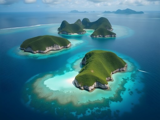 Aerial view of Palau's Rock Islands and coral reefs from helicopter perspective