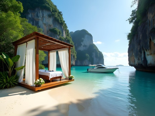 Open-air massage treatment pavilion set up on secluded Rock Island beach in Palau