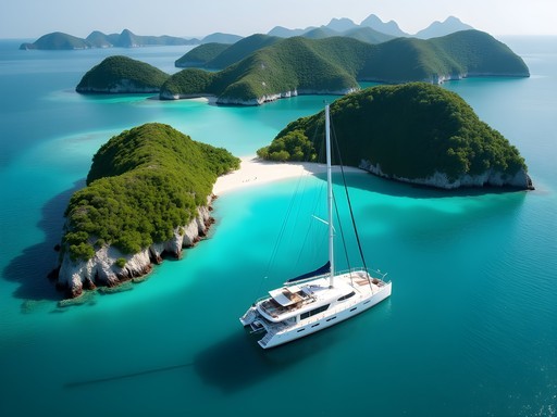 Luxury catamaran anchored among Palau's emerald Rock Islands with transparent turquoise waters