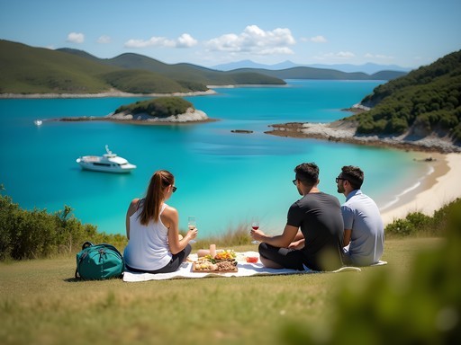Family enjoying picnic on Urupukapuka Island beach after arriving by water taxi