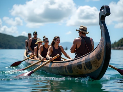 Traditional Māori waka (canoe) with tourists learning cultural navigation in Bay of Islands