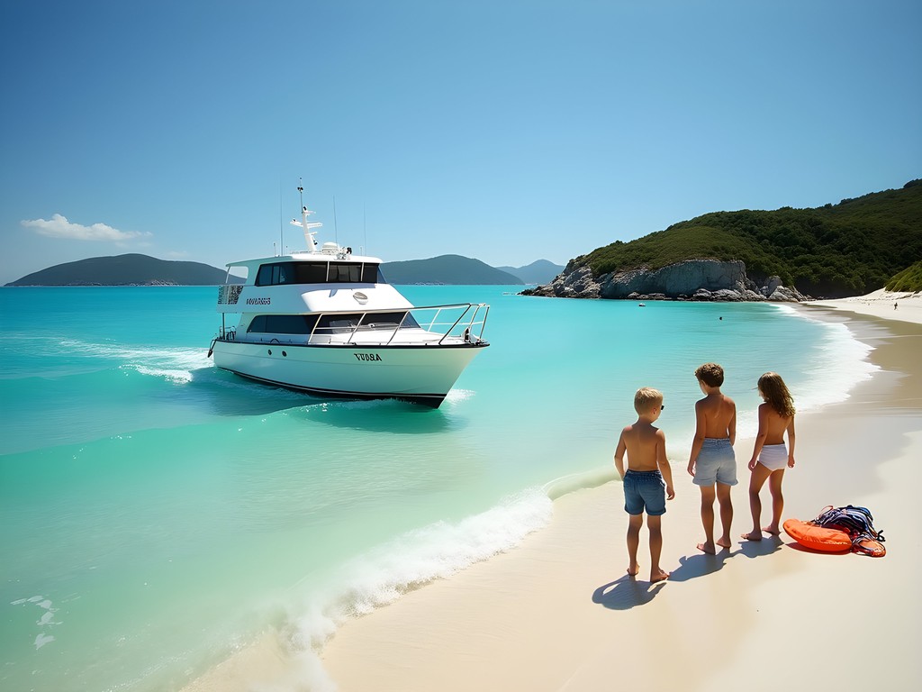 Water taxi approaching a secluded beach in Bay of Islands with family waiting