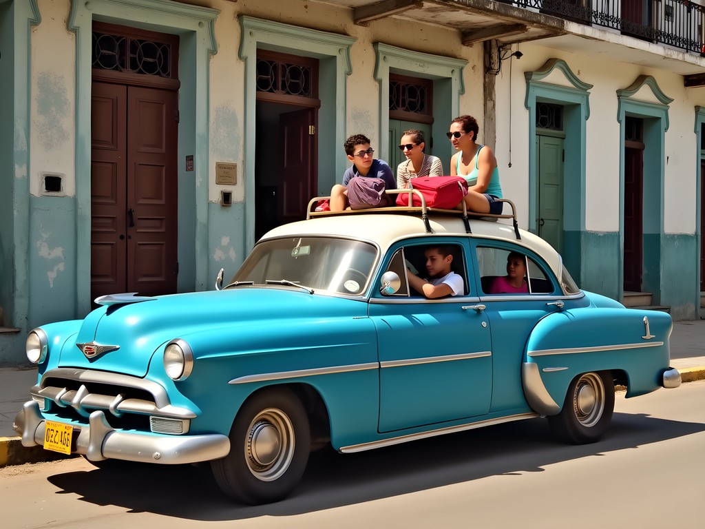Vintage American car colectivo filled with passengers in Bayamo