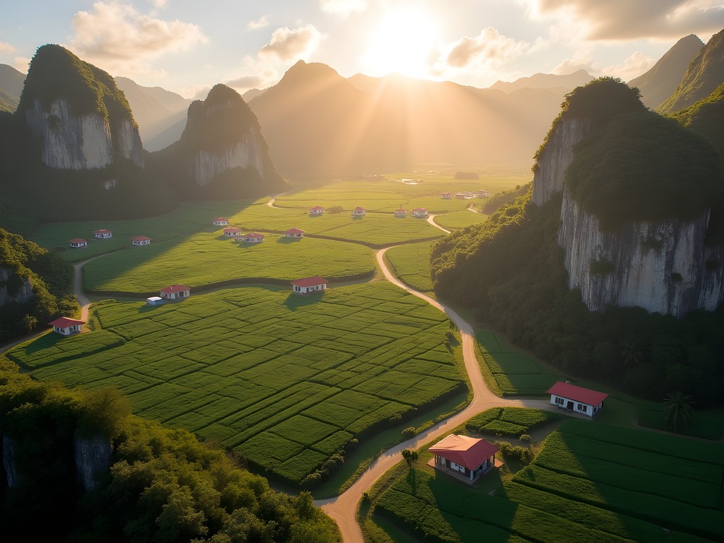 Aerial view of Viñales Valley with mogotes and tobacco fields