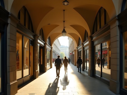 Person walking through Bern's Old Town arcaded shopping streets
