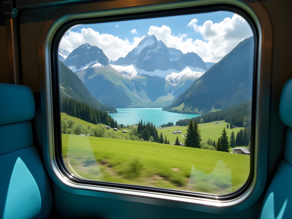 Scenic view from train window traveling from Bern to Interlaken with Swiss Alps in background