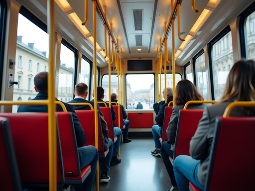 Interior view of a modern Bern tram with passengers and city views through windows