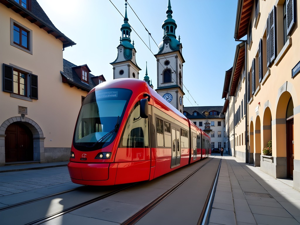 Modern red Bern tram passing through the historic Old Town with medieval architecture