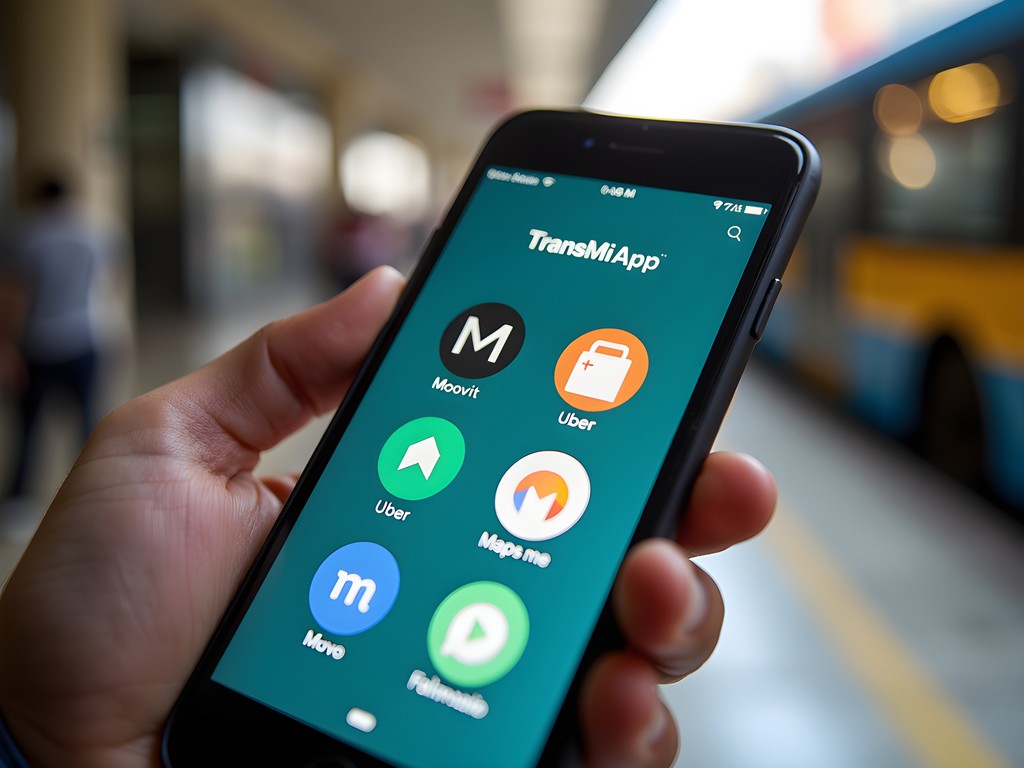 Smartphone displaying essential Bogota transportation apps with TransMilenio station in background