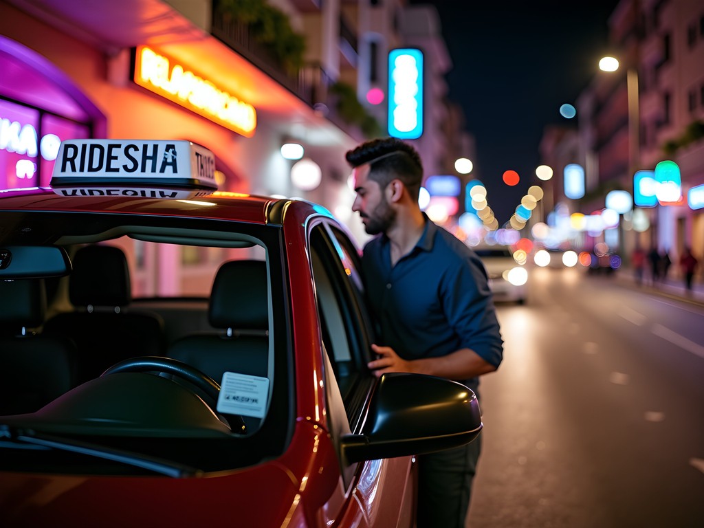 Gary entering a rideshare car in Bogota at night with city lights in background