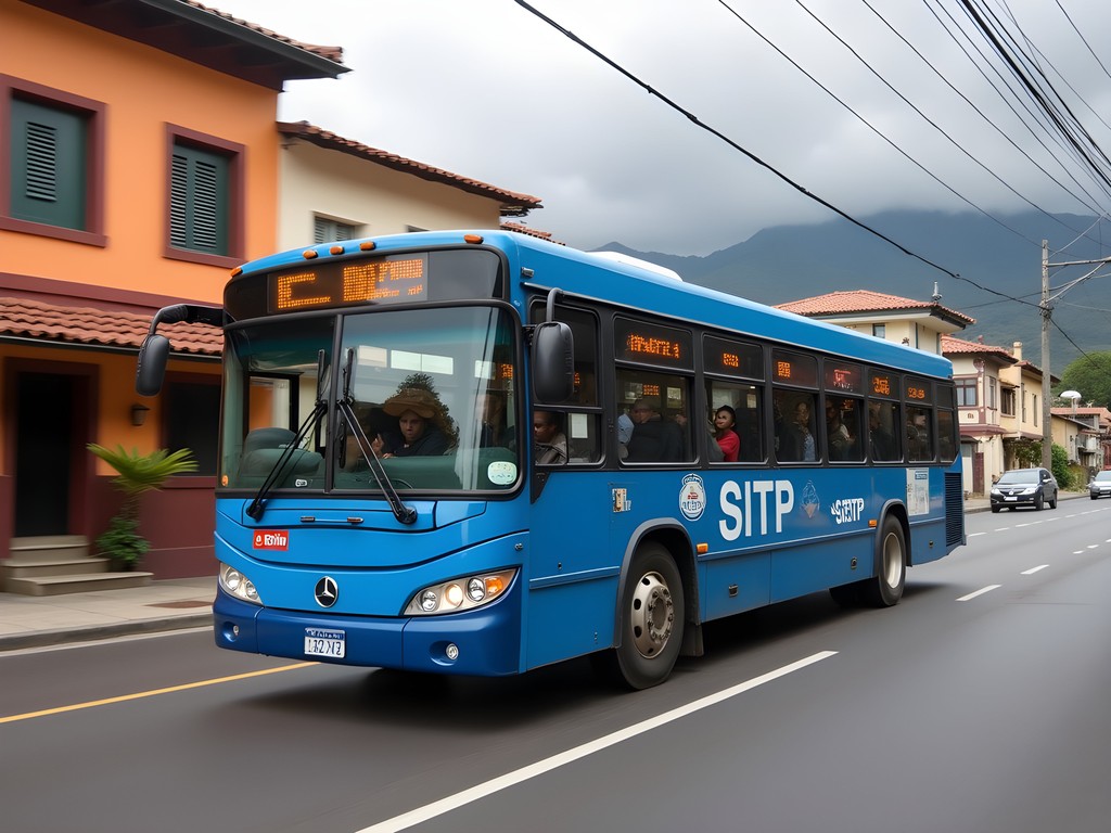Blue SITP bus navigating through a residential Bogota neighborhood