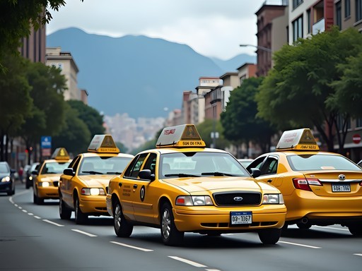 Multiple yellow taxis on a busy Bogota street with mountains in background