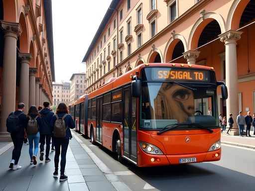 Bologna city bus stopping under historic porticoes with students boarding