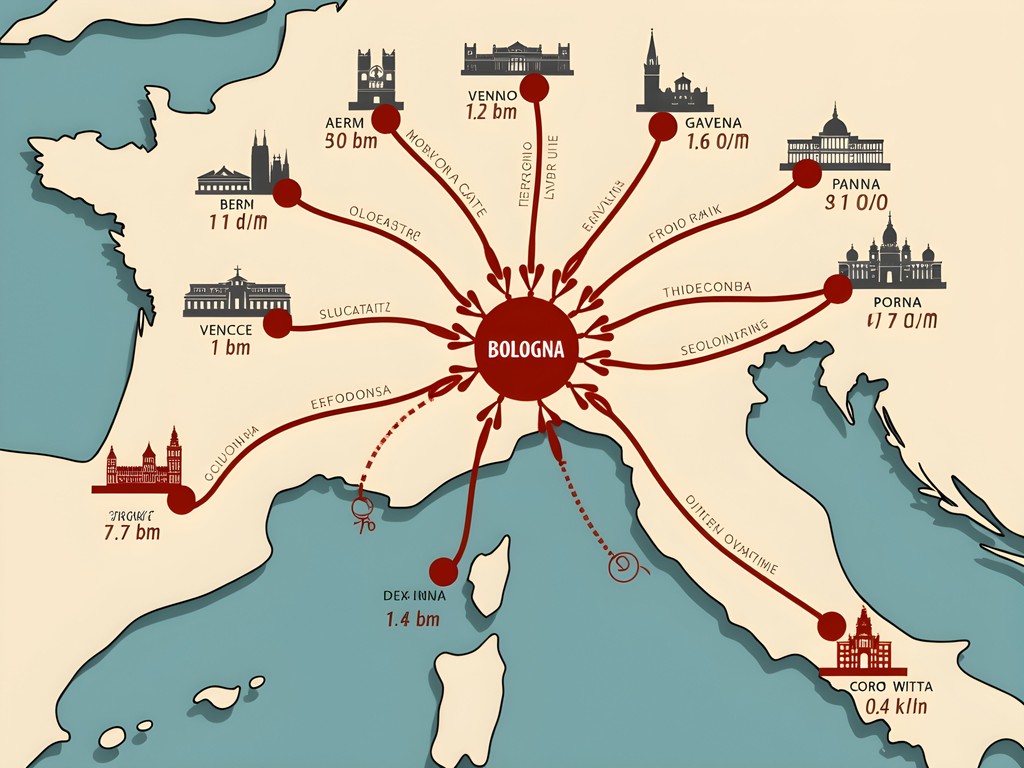 Map showing Bologna as central hub with train routes to Venice, Florence, Verona and other Northern Italian cities