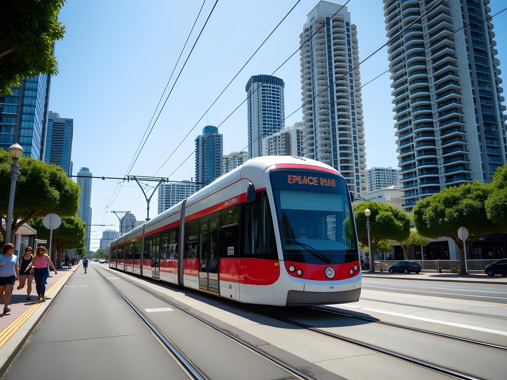G:link tram passing through Surfers Paradise with high-rise buildings in background