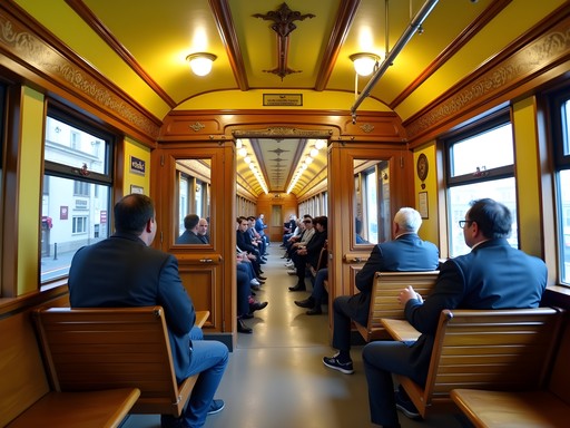 Historic yellow Line 1 metro in Budapest with traditional wooden interior