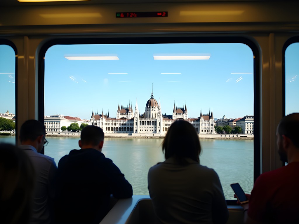 View of Hungarian Parliament Building from Tram 2 along Danube River