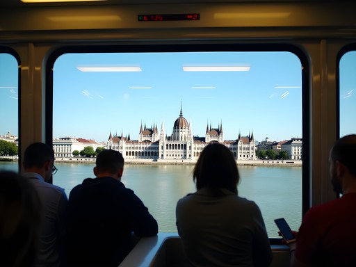 View of Hungarian Parliament Building from Tram 2 along Danube River