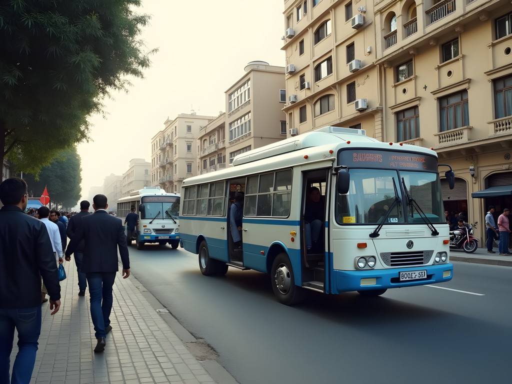Crowded Cairo street corner with white and blue microbuses picking up passengers