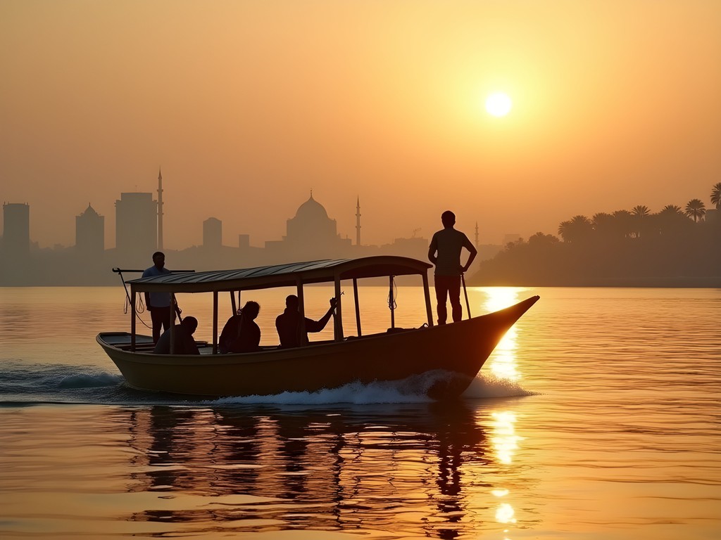 Traditional wooden ferry crossing the Nile River at sunset with Cairo skyline