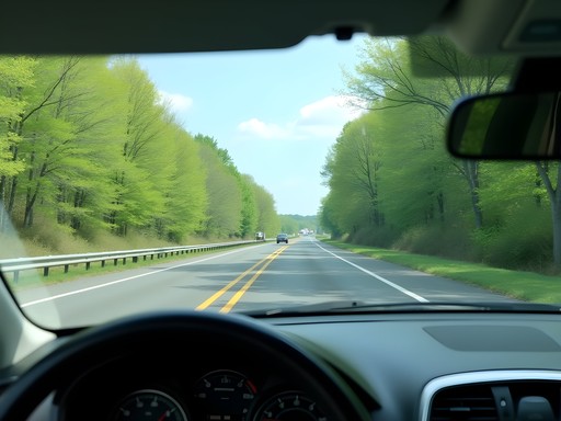 Car driving on Chesapeake Expressway with spring greenery and water views