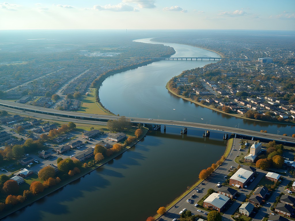Aerial view of Chesapeake's intricate waterway system with major bridges and roads