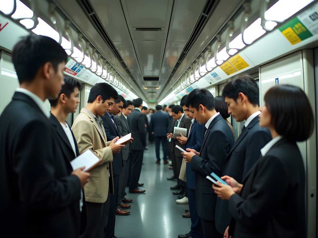 Crowded Tokyo metro car during rush hour showing organized passenger arrangement