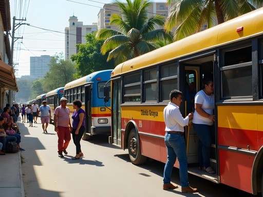 Colorful local bus in Ciudad Guayana with passengers boarding and street vendors nearby