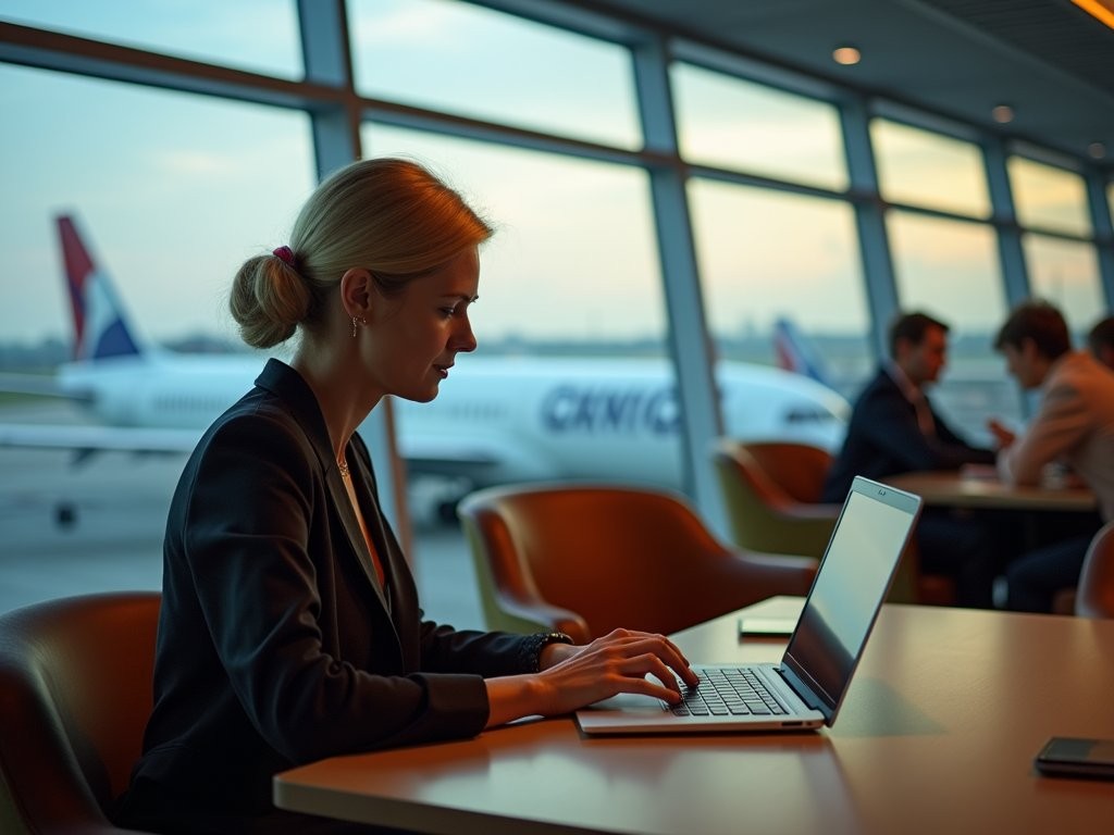 Business traveler working in Amsterdam Schiphol Airport lounge