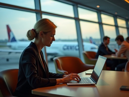 Business traveler working in Amsterdam Schiphol Airport lounge