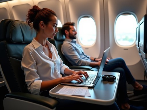 Business traveler working productively in business class cabin during transatlantic flight