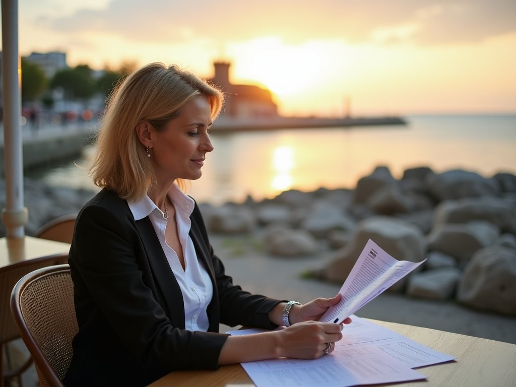 Professional woman reviewing travel documents at Constanta Harbor with Black Sea in background
