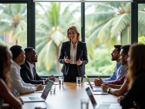 Professional woman engaged in business meeting in Paramaribo with diverse local business partners