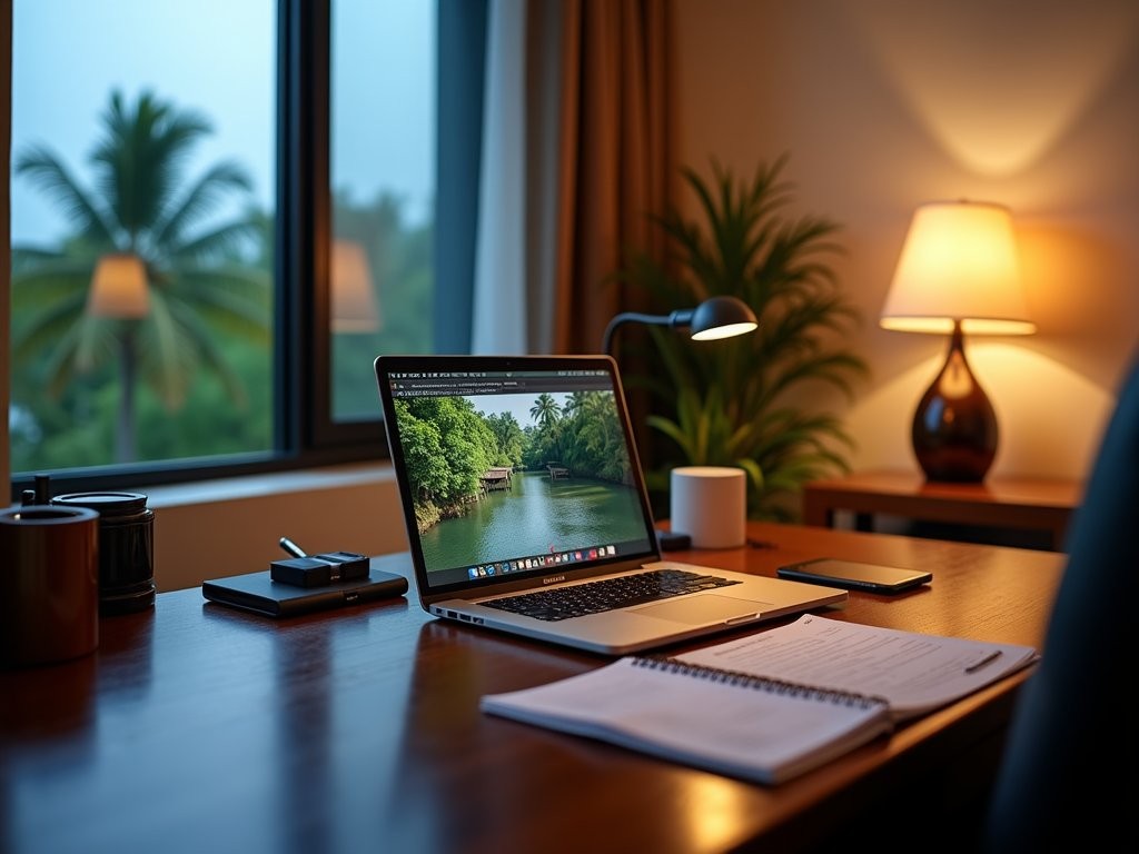 Professional hotel workspace setup in Paramaribo with portable monitor and organized documents