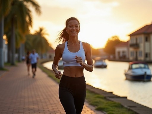 Professional woman on morning wellness walk along Paramaribo's historic waterfront
