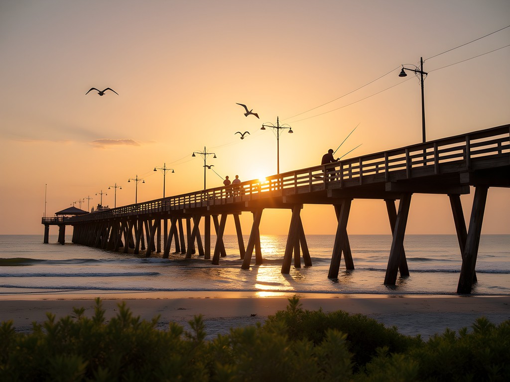 Sunrise over fishing pier in Port Aransas with fishermen silhouettes