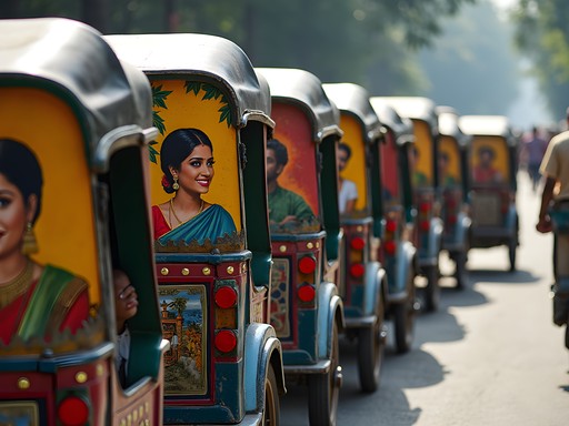 Vibrant hand-painted cycle rickshaws lined up on a busy Dhaka street