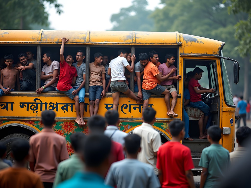 Overcrowded public bus in Dhaka with passengers hanging from doors and windows